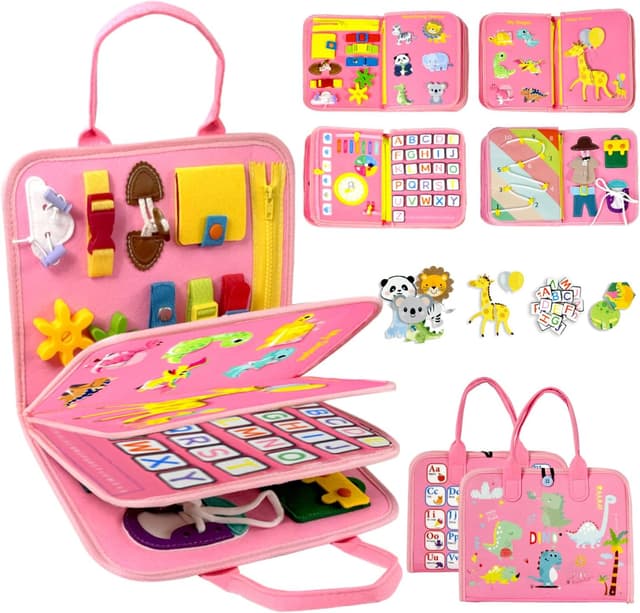 Detalle de Qizfun Toddler Busy Board Montessori Toys – 8-Page Sensory Busy Book for Travel