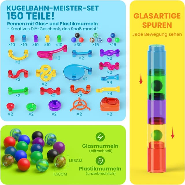 Detalle 2 de Murmelbahn Logikspiele Mehrfarbige Kugelbahn (150 Teile) mit transparenten Bahnelementen