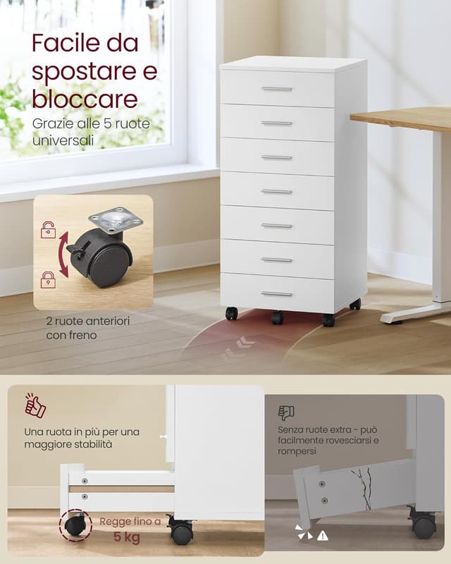 Detalle 2 de VASAGLE Cassettiera da ufficio con 7 cassetti OFC085WB02, mobile su ruote per documenti e stampante