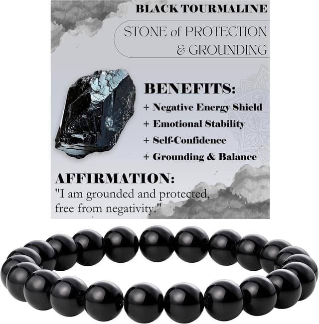 Detalle de Bivei braccialetto da signora in perline 8 mm con cristallo naturale (tormalina nera) elastico