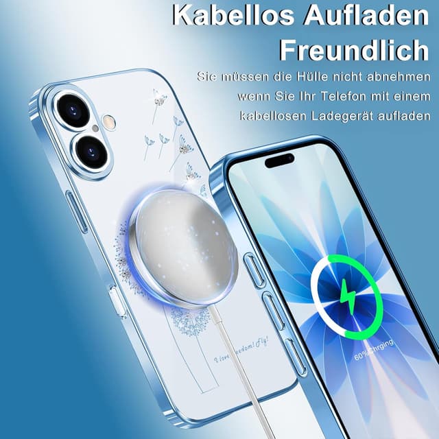 Thumbnail 6 de 2Buyshop iPhone 17 Hülle aus transparentem Silikon – Löwenzahn Blumen & Glitzer, ultradünn, stoßfest