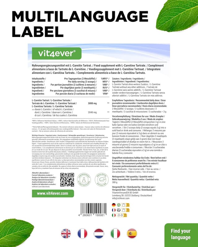 Detalle de vit4ever L-Carnitin Pure 300 g Pulver (L-Carnitin-Tartrat) – 100 Portionen