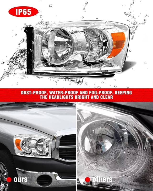 Detalle de ADCARLIGHTS Headlight Assembly Pair for 2006–2008 Dodge Ram 1500 and 2006–2009 Ram 2500/3500 (Clear Lens, Chrome Housing, Amber Reflector) — W/O Bulbs