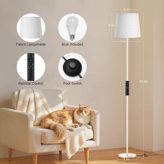 Detalle 2 de SIBRILLE Lampada da Terra per Salotto 9W con Telecomando e 3000K-6000K, paralume in lino e base bianca