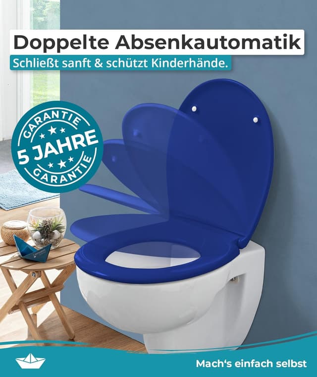 Detalle de Calmwaters® Premium WC Sitz mit einfacher Montage, antibakterieller Duroplast, Absenkautomatik – blau, oval (bis 250 kg)