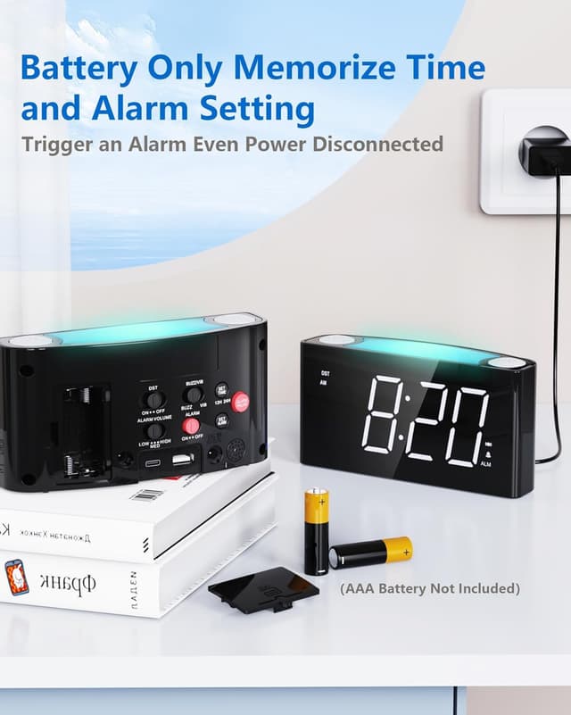 Thumbnail 6 de Réveil numérique avec vibration pour dormeurs profonds et malentendants, chargeur C, format 12/24 h, écran LED grand format