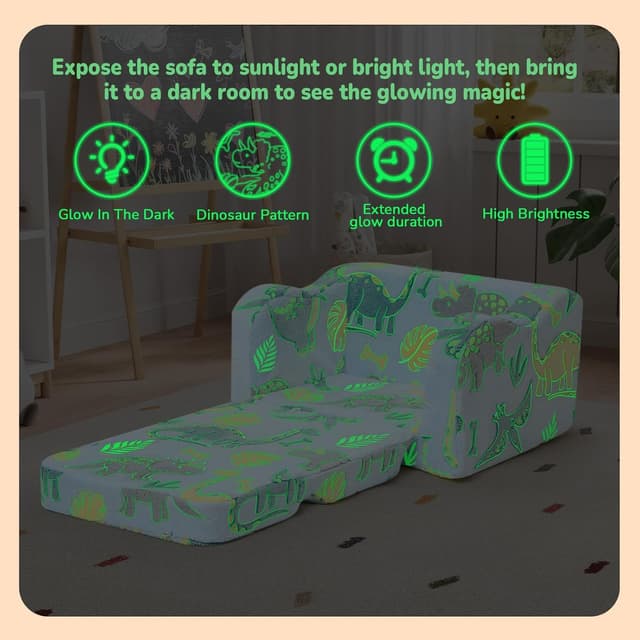 Detalle 2 de MeMoreCool Glowing Dinosaur Kids Chair (2-in-1 Convertible) – Glow-in-the-Dark Dino Couch Lounger, Sky Blue