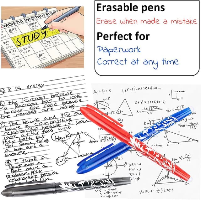 Detalle de 8 Erasable Rub Out Pens (0.5mm) with End Rubber Eraser – Coloured Gel Pens for Office, School & Planning