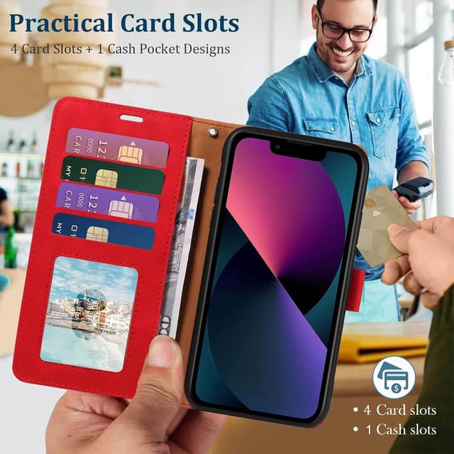 Detalle 2 de GOTOURED Handyhülle für iPhone 13 mit Klappverschluss, RFID-Blockierung, Kartenfächern, Handgelenksgurt und Ständer (Rot)