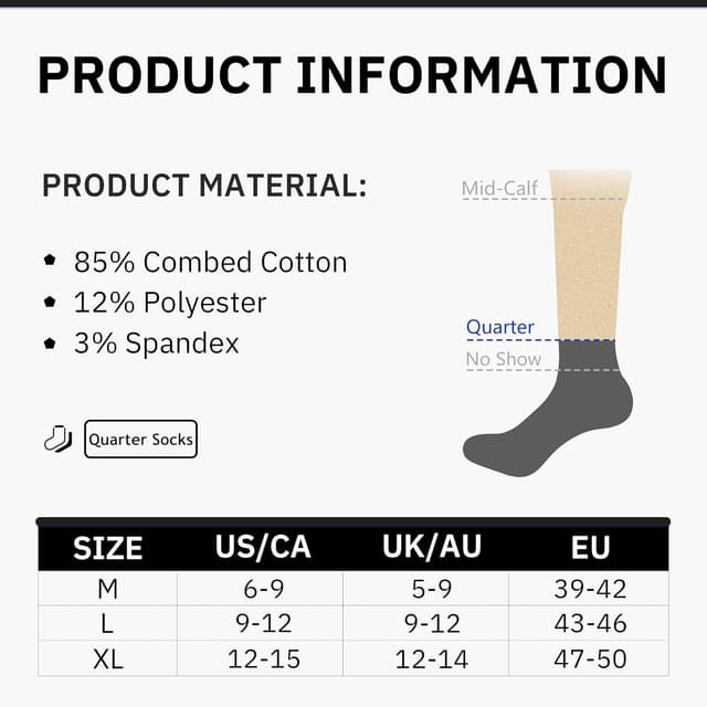 Detalle de CLOSEMATE 6 Paar Quarter Sneaker Socken für Herren – atmungsaktive Baumwoll-Laufsocken mit Frotteesohle