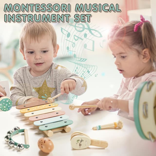Detalle de Lehoo Castle Wooden Musical Instruments Set (xylophone, maracas & more) for toddlers 1–3