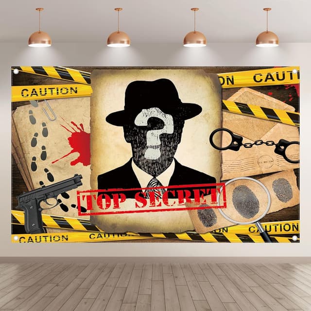Detalle 2 de Luminora 72x43 inch Top Secret Detective Mugshot Backdrop (Murder Mystery Party Photo Props)