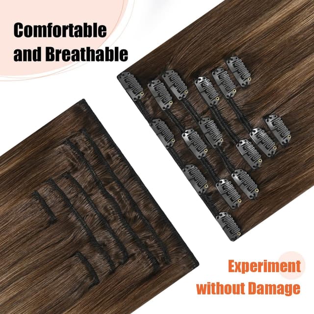 Detalle de UGOTRAYS Balayage Clip-In Hair Extensions (100% Human Hair), Ombre Medium Brown to Caramel Blonde, 20 in, 120g