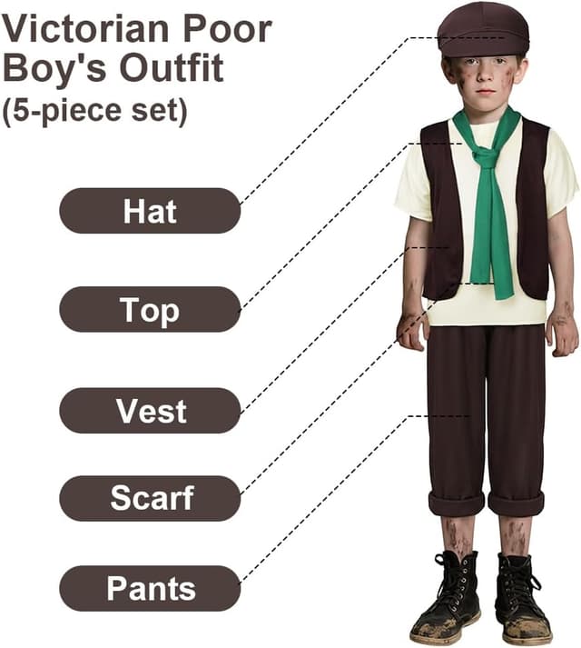 Detalle de DiULi Costume de pauper victorien 5 pièces pour enfants (4 à 12 ans) : gilet, pantalon, bonnet, écharpe et ramoneur