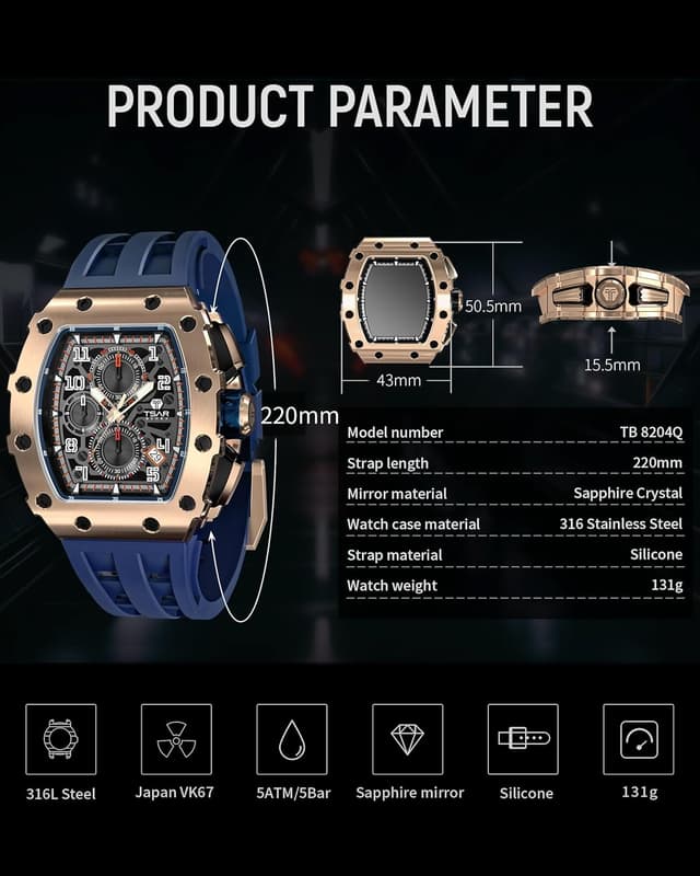 Detalle de TSAR BOMBA TB-8204 : montre de luxe pour homme étanche 50 m, verre saphir et mouvement à quartz japonais