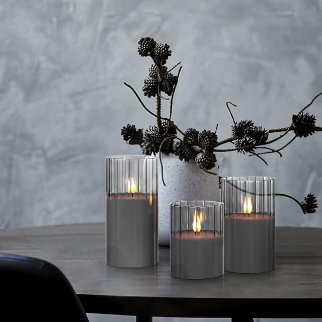Detalle 2 de Rhytsing Smoked Ribbed Glass Battery Operated LED Candles with Remote Timer Gift Set (Set of 3)