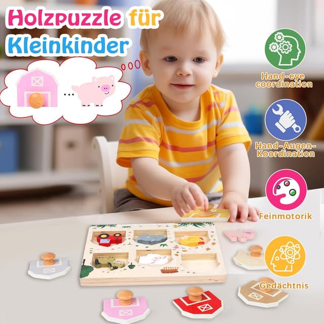 Detalle 2 de Nabance Holzpuzzle ab 1 Jahr „Bauernhof Tiere & Fahrzeuge“ mit 6 Steckentüren (Montessori Lernspiel)