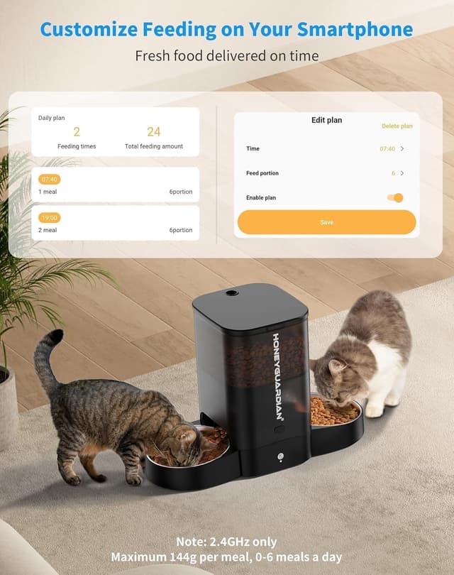 Detalle de HoneyGuaridan Dual Automatic Cat Feeder with App Control (HG Smart) – 2.4G WiFi, 5L timed dispenser