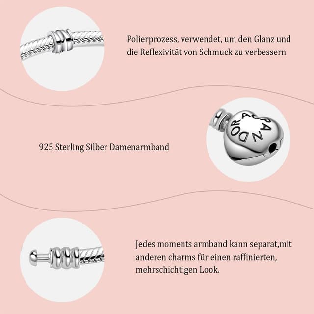 Detalle 2 de ZHUOMOT Charm-Armband aus Sterling-Silber 925 für Damen (Moments-Serie/Schlangenketten), mit Geschenkbox
