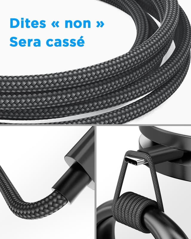 Detalle de Aioneus Lot de 2 câbles USB‑C 2 m + 1 m (charge rapide 3A, nylon tressé, synchro données)