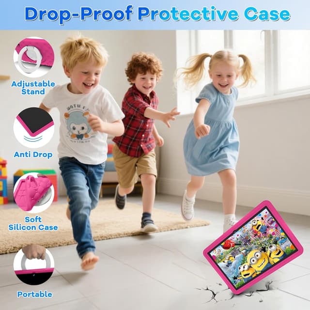 Detalle 2 de DMOAO Tablette Enfants 10 pouces Android 15, 5G Wi‑Fi 6, 30 Go RAM (TF 2 To) et contrôle parental, rose rouge