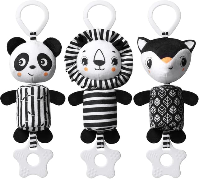 Detalle de Aolso Kinderwagen-Spielzeug 3-teiliges Hängespielzeug (schwarz-weiß) – Panda/Fuchs/Löwe