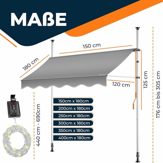 Detalle de KESSER Klemmmarkise mit Handkurbel & LED-Lichterkette (Balkonmarkise ohne Bohren) – höhenverstellbar, UV-beständig