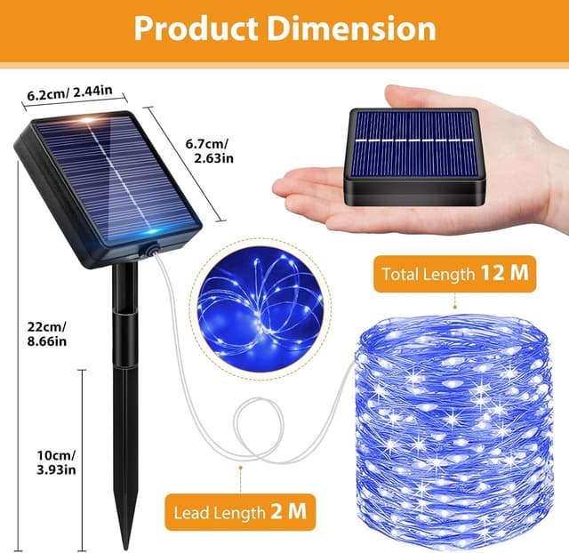 Detalle 2 de Peasur Peasur 3 pezzi catena luminosa esterno solare da 12 m con 120 LED e filo di rame, blu (impermeabile IP65)