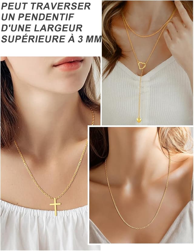 Detalle de ChainsPro Collier Femme en acier inoxydable 2 mm ajustable (or, argenté, or rose ou noir) – chaîne à charms 46 à 76 cm