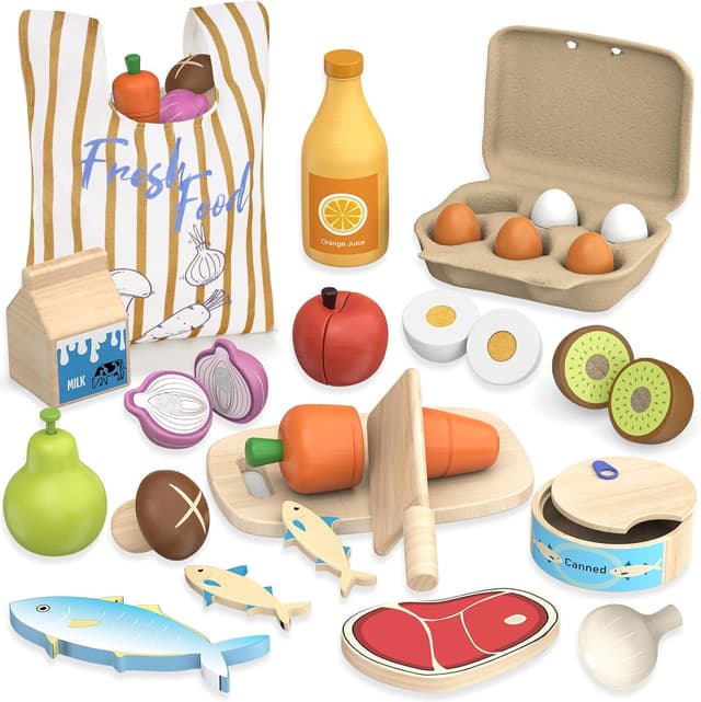Detalle de Kinderküche Zubehör Holz – Spiel-Lebensmittel-Set zum Schneiden (Obst & Gemüse) ab 3 Jahren