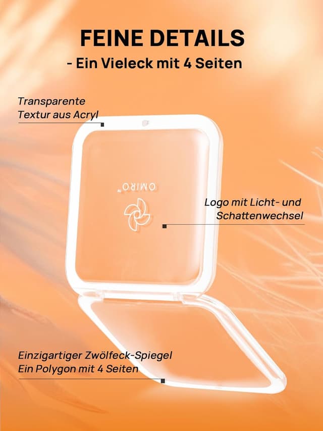 Detalle de OMIRO Taschenspiegel mit 10-facher Vergrößerung – kompakter Reise-Spiegel für Handtasche (quadratisch, 8,9 cm, Pfirsichflaum)