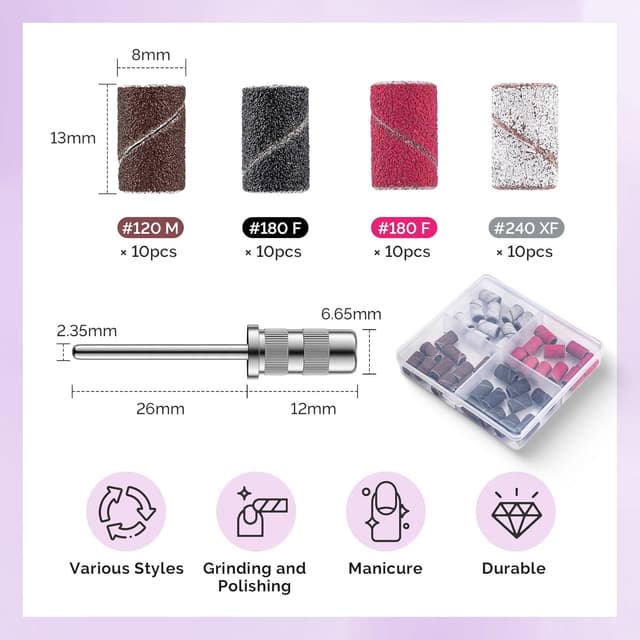 Thumbnail 6 de MelodySusie Nagelfräser-Bits Set mit Diamantfräsern, 10 Bits + 40 Schleifhülsen + 6,65 mm Mandrel