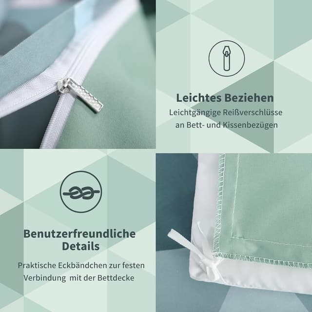 Thumbnail 6 de RUIKASI Bettwäsche 135x200 Baumwolle 4-teilig (Grün) mit Dreieck-Muster und Reißverschluss