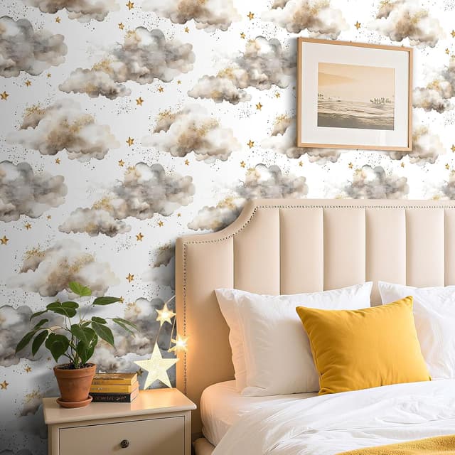 Detalle de FunStick Wolke und Stern Tapete für Kinderzimmer (selbstklebend, abziehbar) in Weiß/Grau, 44,5 cm × 3 m