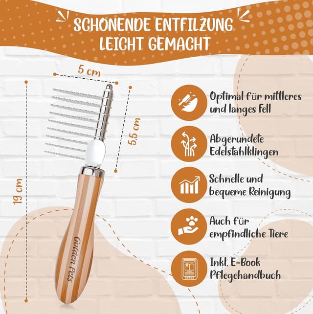 Detalle 2 de Golden Pets Entfilzer Kamm für Hunde & Katzen – mittel bis langhaarig, abgerundete Zinken + E-Book Pflegehandbuch