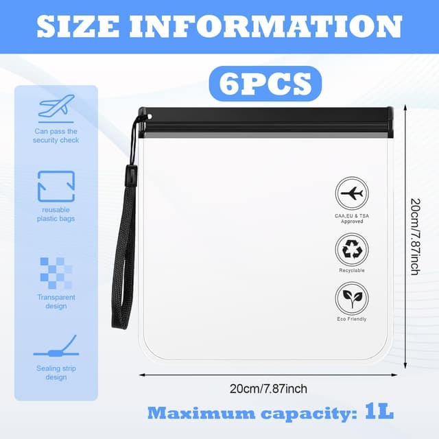 Detalle de WQDD STANPET Sac de liquides transparent avion – lot de 6 pochettes étanches & transparentes zippées 20x20 cm