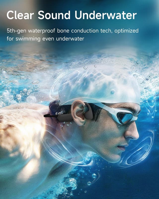 Detalle de Rhyfell Knochenschall-Schwimm-Kopfhörer mit IP68, 32‑GB MP3-Player & Bluetooth 6.0
