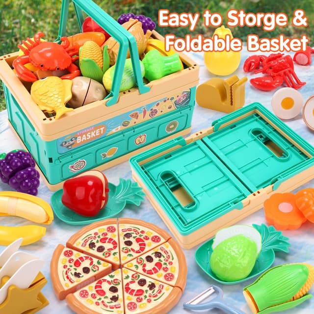 Detalle 2 de 74PCS Pretend Play Food Set for Kids with Cutting Kitchen Toys and Foldable Basket (Age 3+)