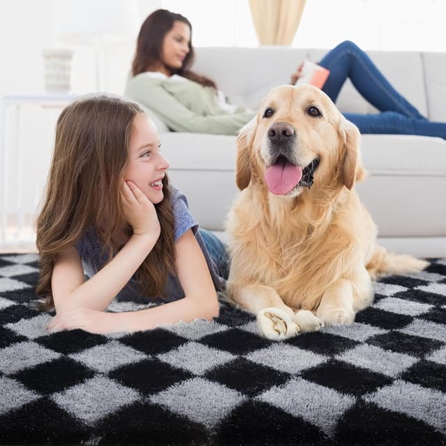 Detalle 1 de FVVRAX Checkered Fluffy Rug 200x300cm (Black & Grey) – Plush low-shedding non-slip area rug