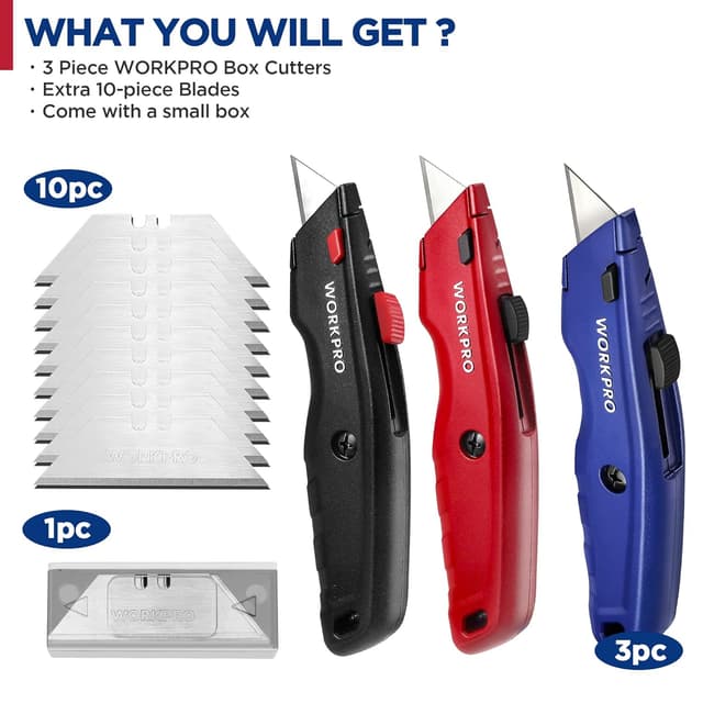 Thumbnail 6 de WORKPRO set di coltelli di sicurezza retrattile 3 pezzi con 10 lame di ricambio a cambio rapido (nero/rosso/blu)