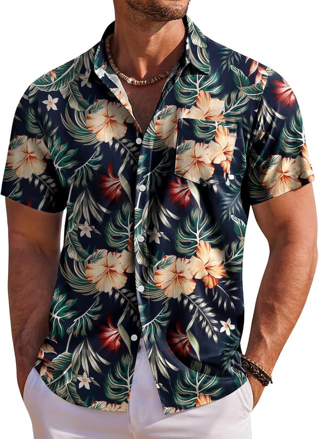 Detalle de COOFANDY Chemise homme manches courtes hawaïenne boutonnée – chemise d’été décontractée de voyage