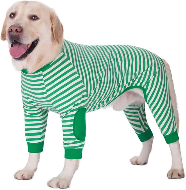 Detalle de BT Bear Large Dog Clothes cotton dog pyjamas jumpsuit with zip (light green, striped) for medium to large dogs