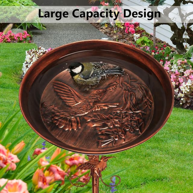 Detalle de Newthinking 40-inch freestanding metal bird bath with 5-pronged base and vintage-style relief bowl