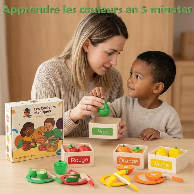 Detalle de Feetique Jeu Montessori en bois fruits à découper (2 à 7 ans) – Dinette enfant avec 24 pièces pour apprendre les couleurs