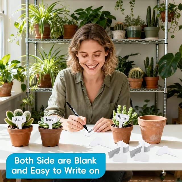 Detalle de Plant Labels 100pcs 4 Inch T-Type Plant Name Tags with Permanent Marking Pen (Light White)