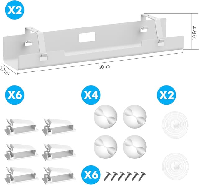 Detalle de Mimoke Kabelmanagement Tray 2er-Set 120 cm (2×60 cm) Stahl – Untertisch-Kabelschale für Schreibtisch, Steckdosenleiste (Weiß)