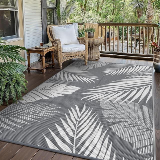 Thumbnail 6 de GENIMO Outdoor-Teppich Wetterfest 150x240 cm – Balkon-Teppich mit botanischem Blattmuster, waschbar (Schwarz/Braun)