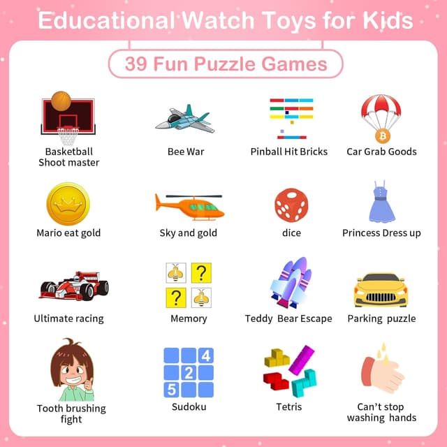 Detalle 2 de Phyulls Kids Smart Watch Gift for Girls (Age 4–12) with HD Touch Screen, Camera, 39 Games & Pedometer