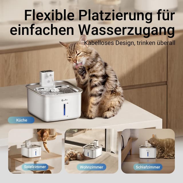 Detalle 2 de DownyPaws Katzenbrunnen Edelstahl kabellos mit Bewegungsmelder und Akku (Elfenbeinweiß)