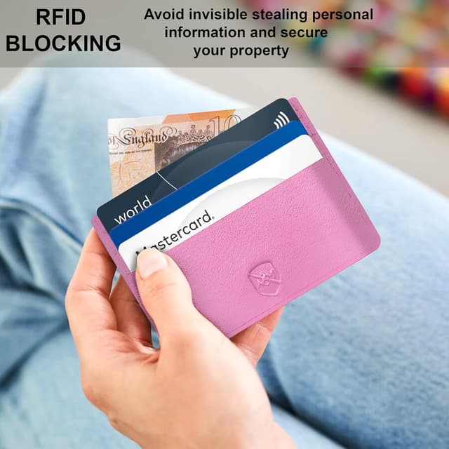 Detalle de ALLEN & MATE 100% Leather Minimalist Wallet – Slim RFID-Blocking Card Holder (Soft Pink)